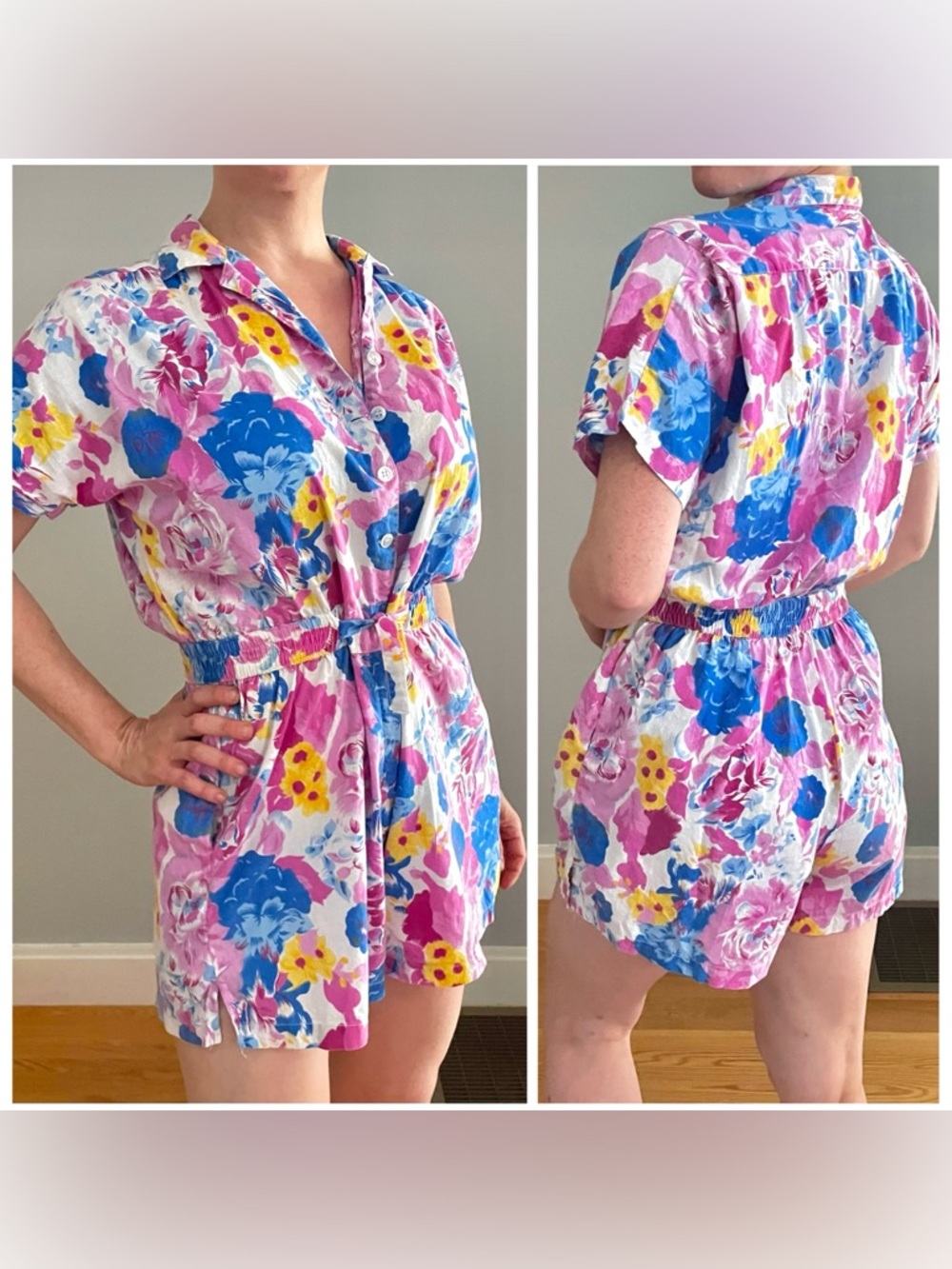 Vintage 80s Chandni 100% Cotton Romper Floral Print Cottage Core Rockabilly - Picture 2 of 9